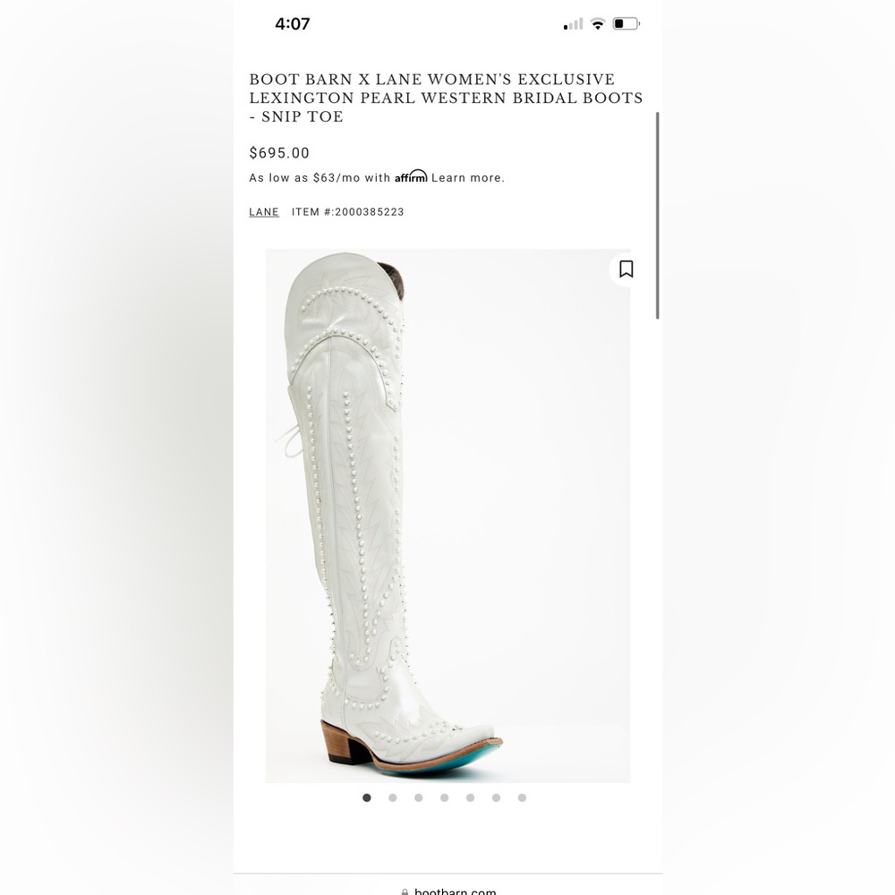Boot Barn X Lane Women's Exclusive Lexington Pearl Western Bridal Boots 9.5